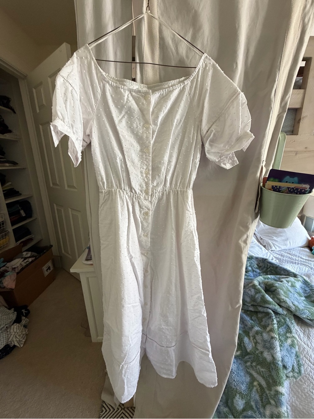 Pearl White Eyelet Button-Front Midi Dress